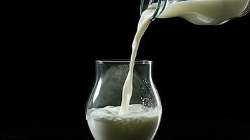 AI generated Pouring fresh milk into the glass with splashing on black background. photo