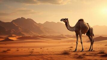 AI generated Camel stands against the backdrop of the endless desert photo