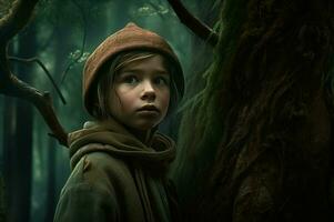 AI generated Lost scared kid alone in mystic green forest. Generate ai photo