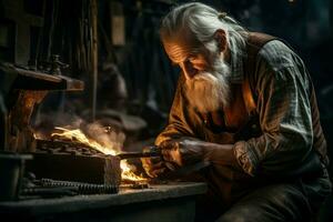 AI generated Blacksmith old man work forge. Generate Ai photo