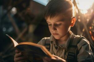 ai generado joven niño leyendo libro afuera. generar ai foto