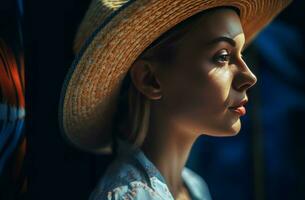 AI generated Woman wearing straw hat portrait. Generate ai photo