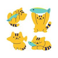 CUTE ORANGE CAT WITH FISH VECTOR SET