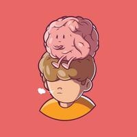 Brain character seated on top of a person's head vector illustration. Intelligence, stress design concept.