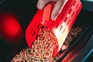 Close-up on pellets, black domestic pellet stove, man loading by hand granules with a red 3 d printed cup photo