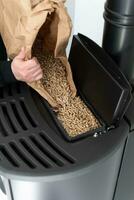 Man loading pellet stove with granule bag photo