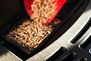 Modern domestic pellet stove, granules stove with 3d printed bucket photo