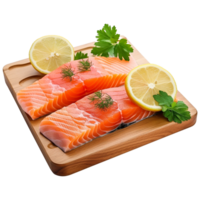 AI generated Fresh raw salmon pieces on wooden board with transparent background png