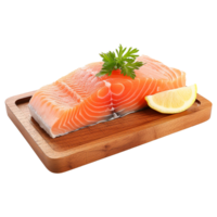 AI generated Fresh raw salmon pieces on wooden board with transparent background png