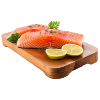 ai generato fresco crudo salmone pezzi su di legno tavola con trasparente sfondo png