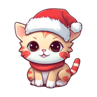AI generated Cute Christmas cat illustration, Santa cat Sticker, pastel cute colors, kitty, kitten, Christmas animals, winter, holidays, generative ai Pro PNG