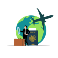 businessman with passport and suitcase on the earth, plane and passport on the background, png