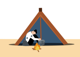 a refugee woman sitting in front of a tent with a fire png