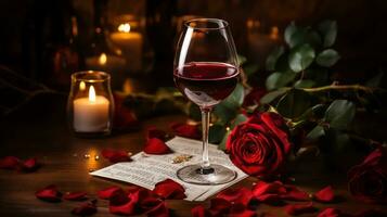 AI generated Romantic Red Roses, Invitation Card, and Wine Glass photo