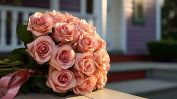 AI generated Morning Light Elegance Close-up of Delicate Pink Roses photo