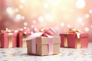 ai generado elegante regalo caja con cinta en rosado y oro bokeh antecedentes foto