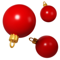 3d representación Tres rojo Navidad pelotas icono. realista esferas para invierno vacaciones. juguete para abeto árbol. ilustración para web diseño, saludo tarjeta, invitación png