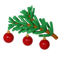 3D Green Lush Spruce Winter Branch with red Merry Christmas toys. Render Abstract Evergreen Tree, Fir Branch. Happy New Year Decoration Holiday. Xmas Celebration Illustration png