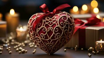 AI generated Romantic Red Heart-Shaped Gift Box with Gold Pattern and Ribbon photo