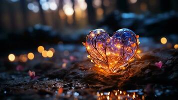 ai generado brillante corazón forma mágico luces y espiral hilos son Listo en estrella Brillantina antecedentes, neón corazones, brillante y emocionante bokeh superposiciones suave bokeh y brillante brillante corazones foto