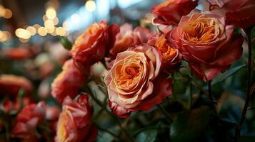 ai generado acortar de rosas en ollas en un flor tienda foto