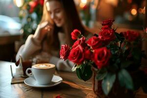 AI generated Happy Young Woman in Retro Coffee Shop with Roses photo