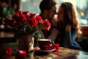 ai generado romántico joven Pareja en retro café tienda para San Valentín día foto