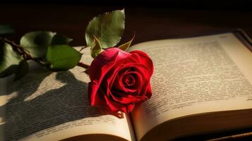 AI generated Red Rose on Open Book Romantic Close-Up View photo