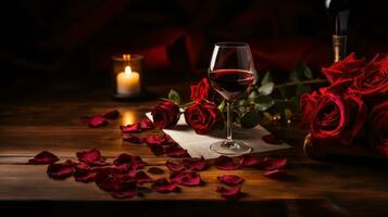 AI generated Romantic Red Roses, Invitation Card, and Wine Glass photo