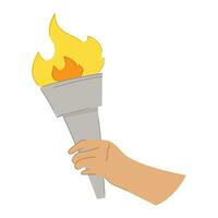 Cartoon style hand holding Olympic torch with a flame. Isolated on white. vector