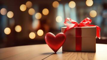 AI generated Romantic Heart Focus Gift Box on Table with Bokeh Blur Background photo