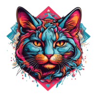 ai generato psichedelico grafico design con un eccentrico gatto testa, maglietta Immagine pronto per Stampa png