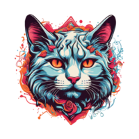 AI generated Psychedelic graphic design with an eccentric cat head, t-shirt image ready to print png