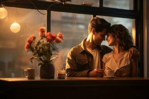 ai generado romántico joven Pareja en retro café tienda para San Valentín día foto