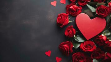 AI generated Romantic Top View Heart-Shaped Gift Box and Red Roses photo