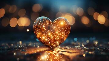 ai generado brillante corazón forma mágico luces y espiral hilos son Listo en estrella Brillantina antecedentes, neón corazones, brillante y emocionante bokeh superposiciones suave bokeh y brillante brillante corazones foto