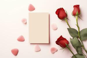 ai generado elegante amor tema fiesta invitación tarjeta ,pálido rosado antecedentes con decorativo Rosa foto