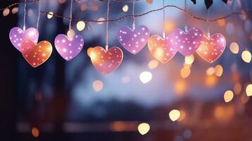 ai generado romántico noche celebracion corazón móviles y bokeh en pastel colores foto