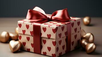 ai generado San Valentín día amor corazón regalo caja con polca puntos y cinta arco foto