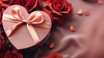 AI generated Valentine's Day Romance Red Rose Petals and Gift Box on Red Background photo