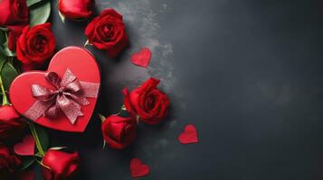 AI generated Romantic Top View Heart-Shaped Gift Box and Red Roses photo
