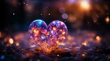 ai generado brillante corazón forma mágico luces y espiral hilos son Listo en estrella Brillantina antecedentes, neón corazones, brillante y emocionante bokeh superposiciones suave bokeh y brillante brillante corazones foto