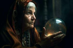 AI generated Female fortune teller holding crystal magic ball. Generate ai photo