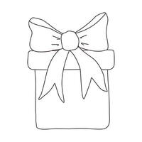 Hand drawn gift box with bow. Birthday present. Outline doodle vector black and white illustration isolated on a white background