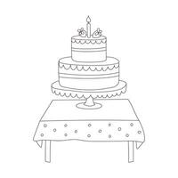 Hand drawn birthday cake with candles on the table with tablecloth. Sweet food, dessert. Symbol of celebration. Outline doodle vector black and white illustration isolated on a white background