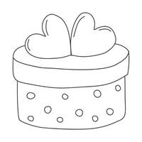 Hand drawn round gift box with hearts. Symbol of birthday, holiday, celebration. Outline doodle vector black and white illustration isolated on a white background