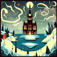 Flat illustration of a magical winter landscape with a lake, forest and a castle. Magic kingdom in a snowy background with a starry sky vector