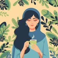 plano ilustración de un musulmán mujer con Rizado pelo participación un taza de café siendo rodeado por verde hojas. vector de un hembra en un hijab participación un jarra de caliente té