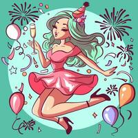 Vector of a happy and joyful woman in a pink dress surronded by balloons and confetti celebrating New Year's Eve. Girl wearing heels jumping at a party with fireworks