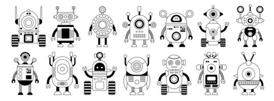 Set of linear black and white robot icons Isolated on white background. Character Artificial Intelligence Concept Flat Vector Illustration.